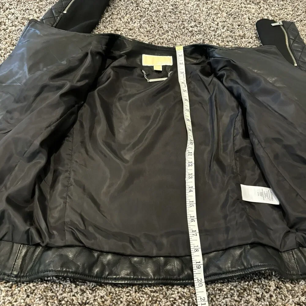 Michael Kors Lamb Leather Biker Jacket Small Black Zip Front Pockets Quilted - Picture 8 of 10